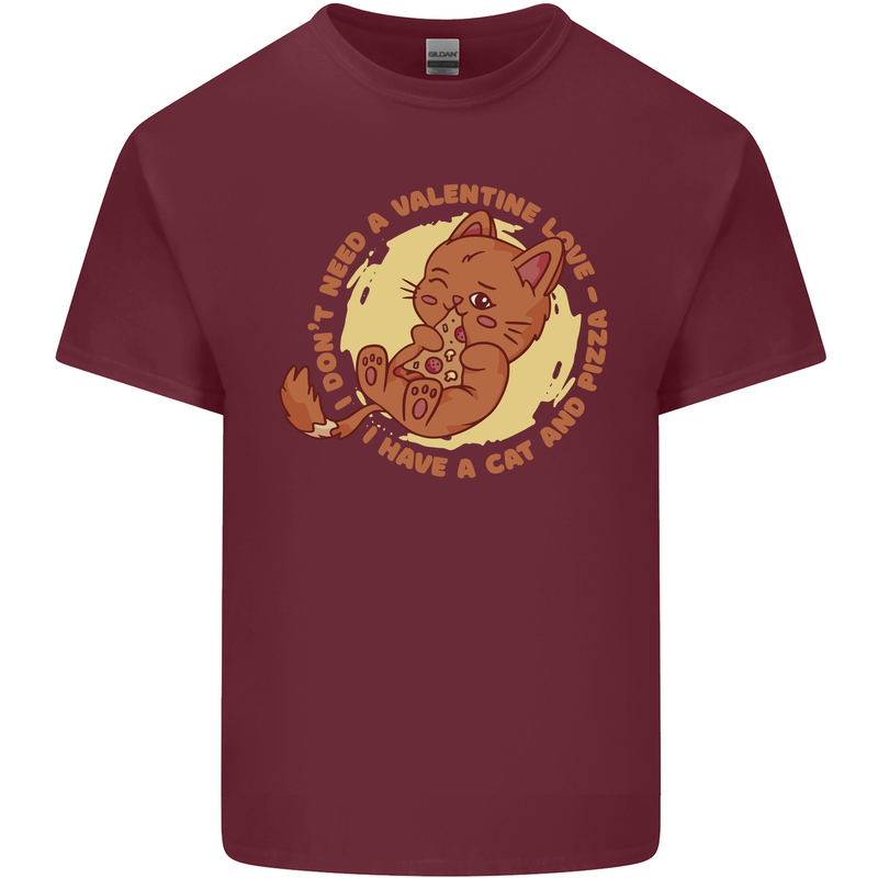 Cat & Pizza Anti Valentines Singles Day Mens Cotton T-Shirt Tee Top Maroon