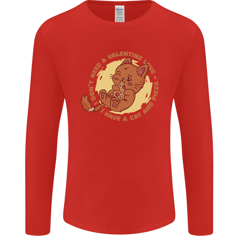 Cat & Pizza Anti Valentines Singles Day Mens Long Sleeve T-Shirt Red