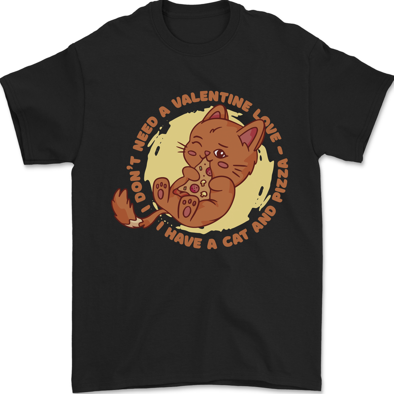Cat & Pizza Anti Valentines Singles Day Mens T-Shirt 100% Cotton Black