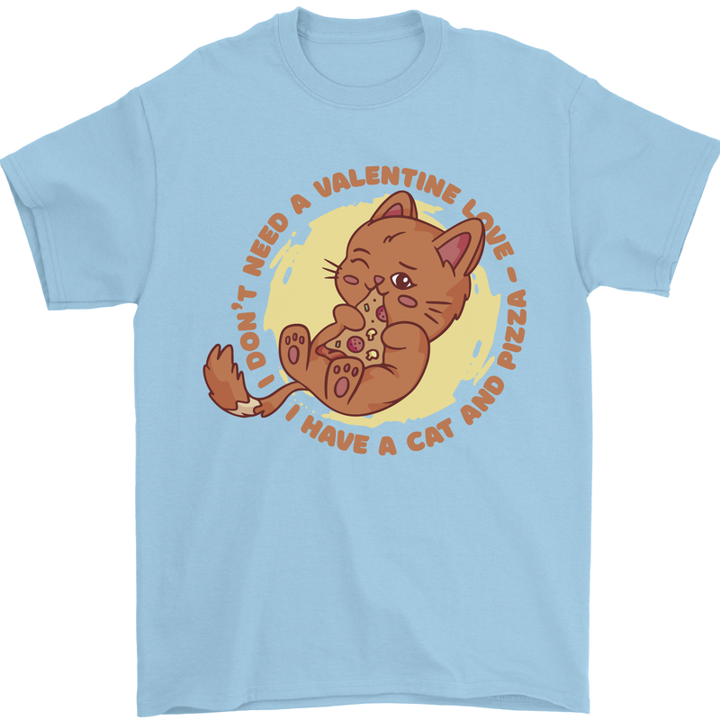 Cat & Pizza Anti Valentines Singles Day Mens T-Shirt 100% Cotton Light Blue