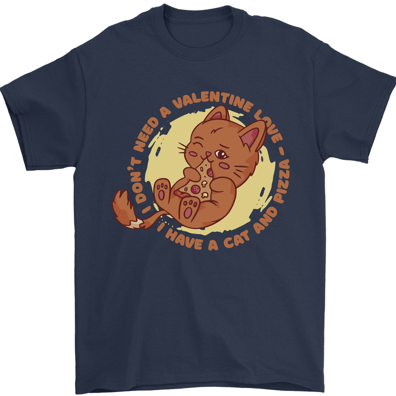 Cat & Pizza Anti Valentines Singles Day Mens T-Shirt 100% Cotton Navy Blue