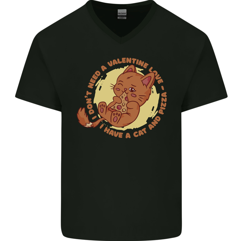 Cat & Pizza Anti Valentines Singles Day Mens V-Neck Cotton T-Shirt Black