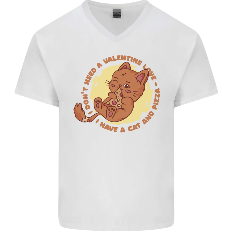 Cat & Pizza Anti Valentines Singles Day Mens V-Neck Cotton T-Shirt White