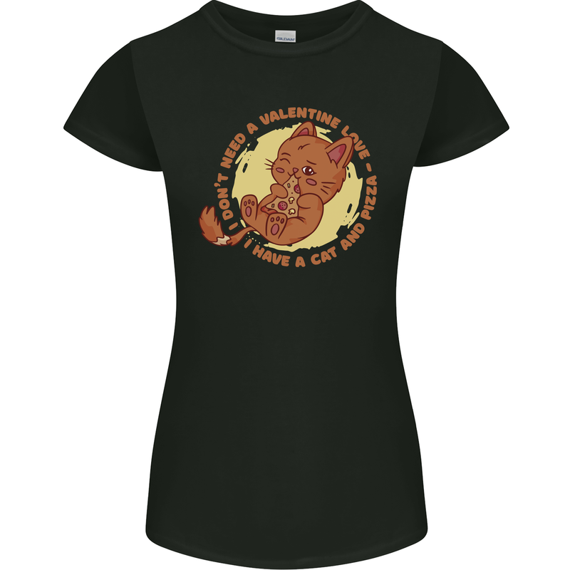 Cat & Pizza Anti Valentines Singles Day Womens Petite Cut T-Shirt Black