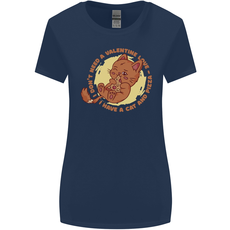 Cat & Pizza Anti Valentines Singles Day Womens Wider Cut T-Shirt Navy Blue