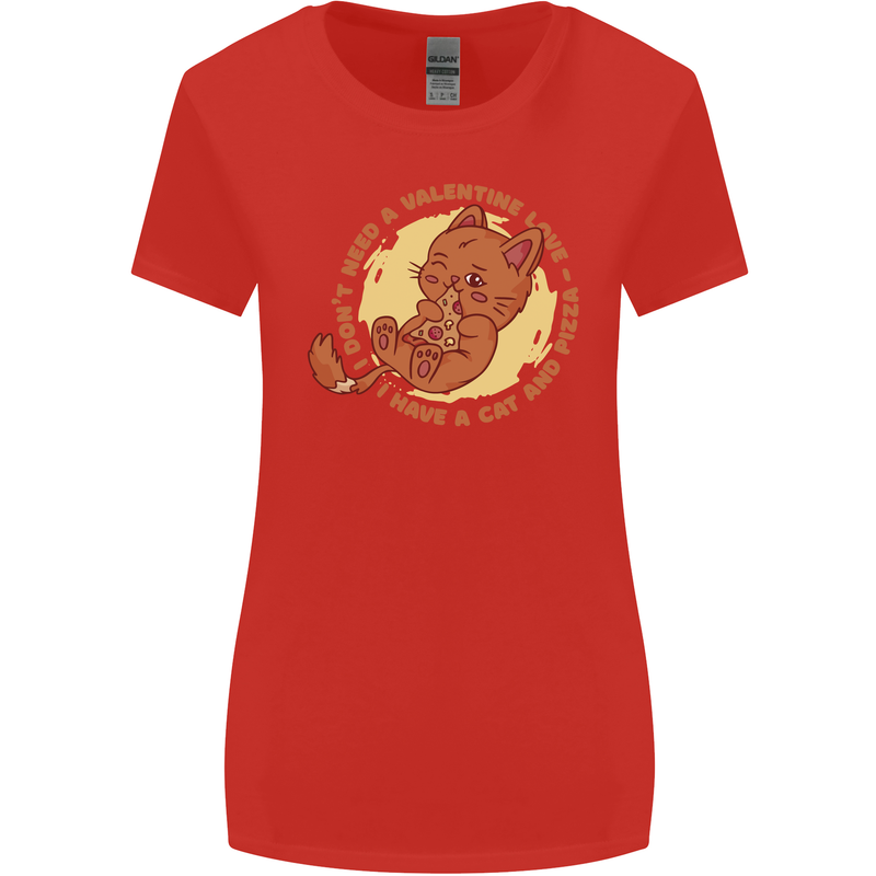 Cat & Pizza Anti Valentines Singles Day Womens Wider Cut T-Shirt Red
