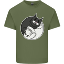 Cat and Dog Yin Yang Mens Cotton T-Shirt Tee Top Military Green