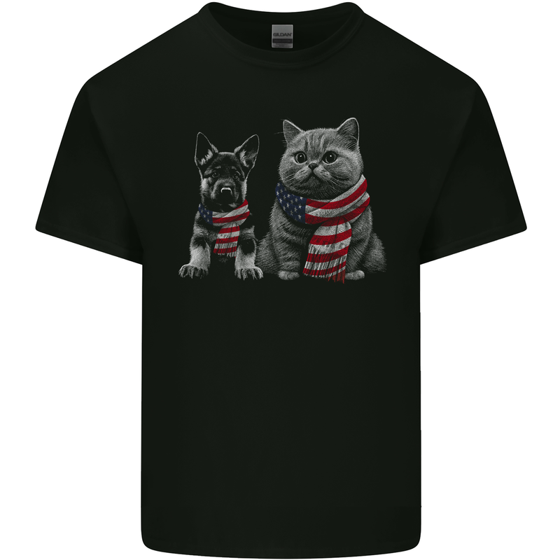 Cat and German Shepherd in USA Scarf Alsatian Dog Kids T-Shirt Childrens Black