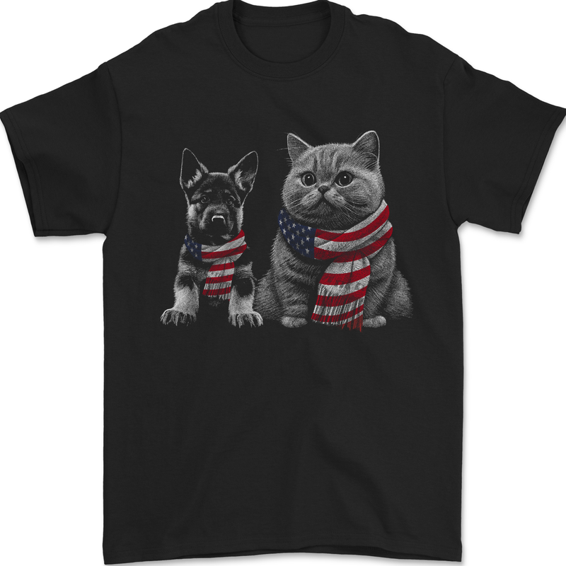 Cat and German Shepherd in USA Scarf Alsatian Dog Mens T-Shirt 100% Cotton Black