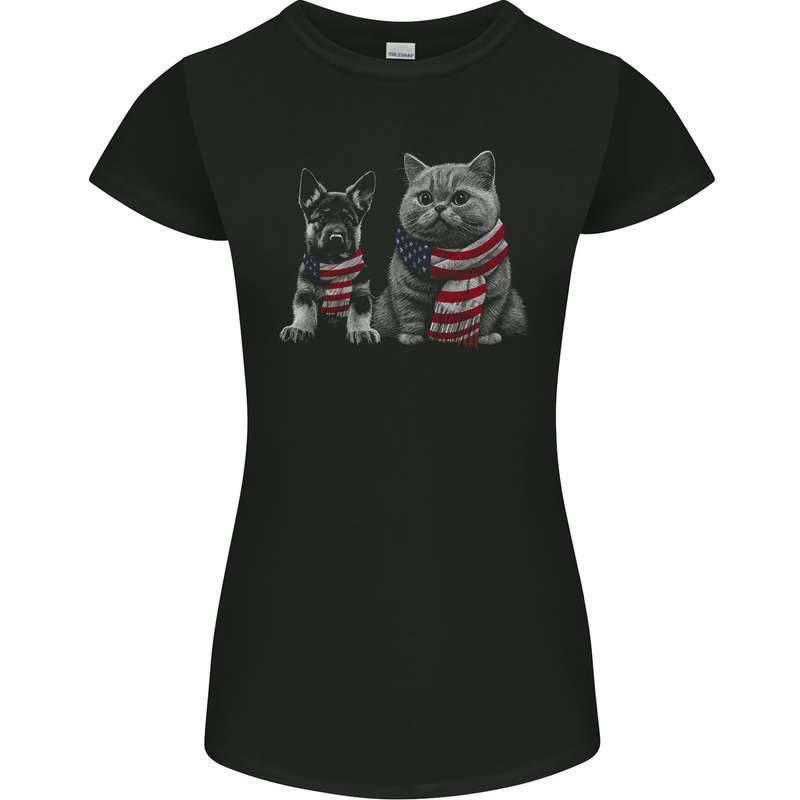 Cat and German Shepherd in USA Scarf Alsatian Dog Womens Petite Cut T-Shirt Black