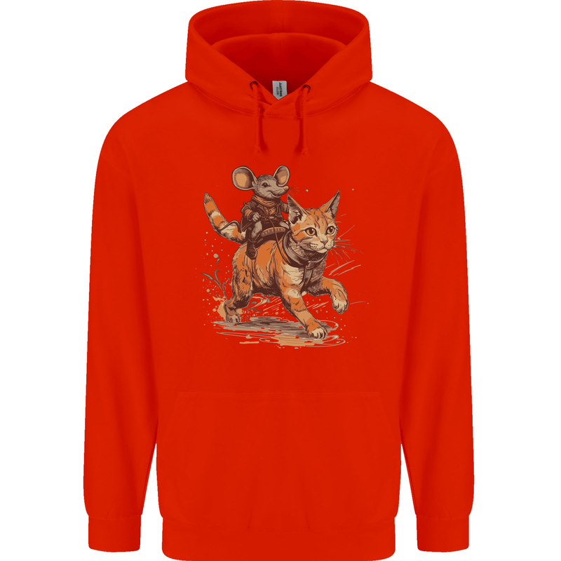 Cat and Mouse Winter Fun Mens 80% Cotton Hoodie Bright Red