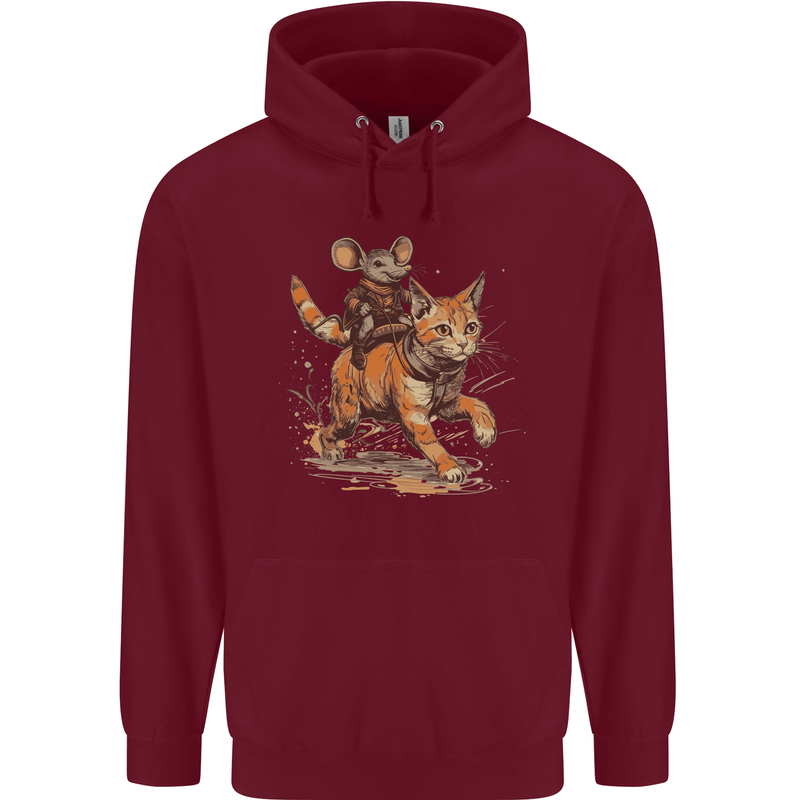 Cat and Mouse Winter Fun Mens 80% Cotton Hoodie Maroon