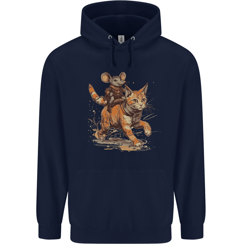 Cat and Mouse Winter Fun Mens 80% Cotton Hoodie Navy Blue