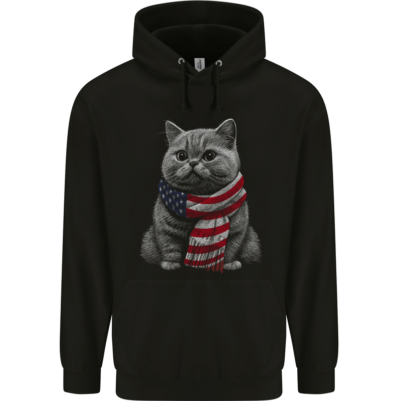 Cat in USA Scarf American Flag Childrens Kids Hoodie Black