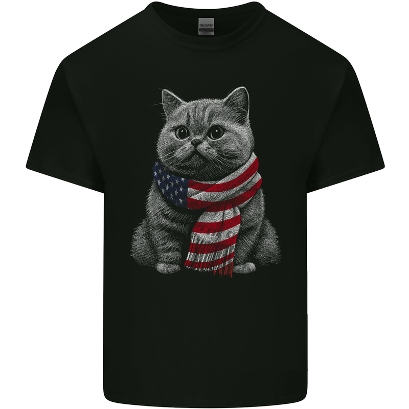 Cat in USA Scarf American Flag Kids T-Shirt Childrens Black
