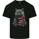 Cat in USA Scarf American Flag Mens Cotton T-Shirt Tee Top Black