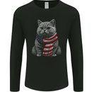 Cat in USA Scarf American Flag Mens Long Sleeve T-Shirt Black