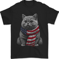 Cat in USA Scarf American Flag Mens T-Shirt 100% Cotton Black