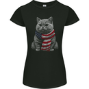 Cat in USA Scarf American Flag Womens Petite Cut T-Shirt Black