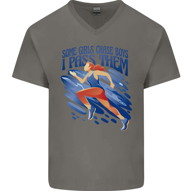 Chase Boys Running Marathon Cross Country Runner Mens V-Neck Cotton T-Shirt Charcoal