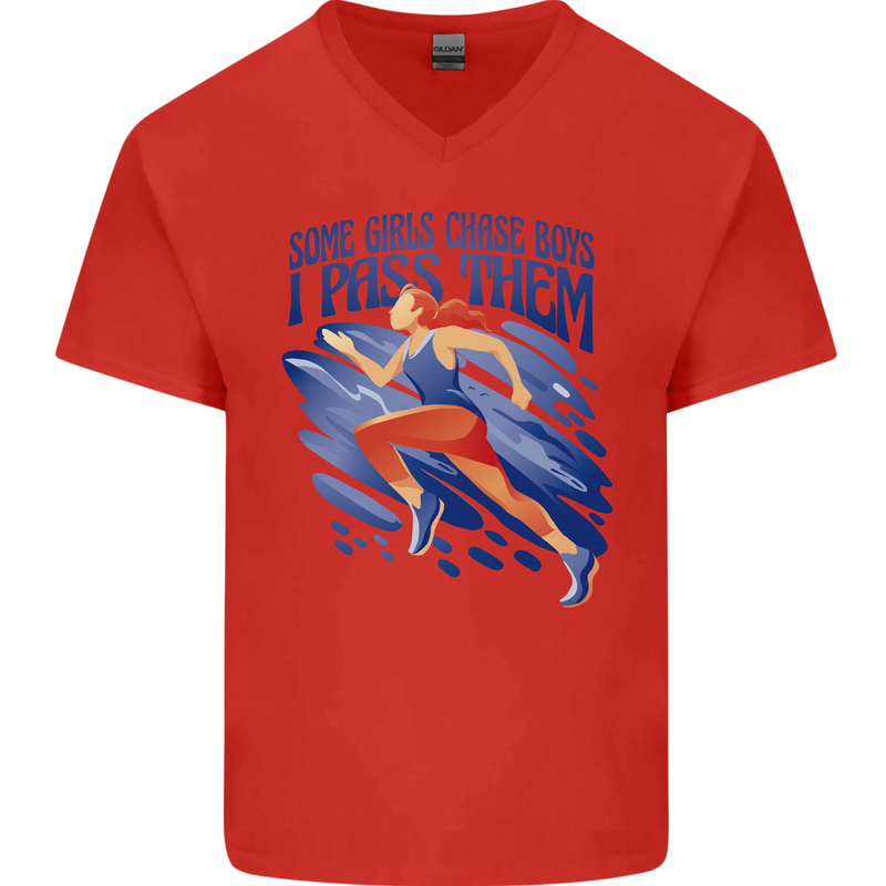 Chase Boys Running Marathon Cross Country Runner Mens V-Neck Cotton T-Shirt Red