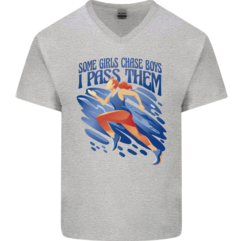 Chase Boys Running Marathon Cross Country Runner Mens V-Neck Cotton T-Shirt Sports Grey
