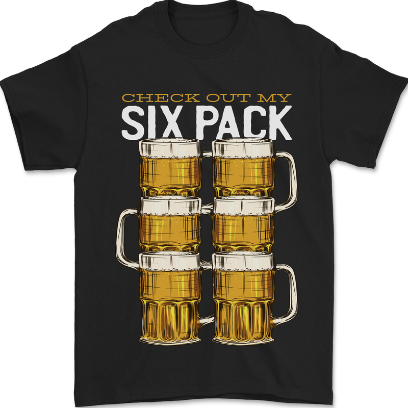 a black shirt with three mugs of beer that says check out my six pack