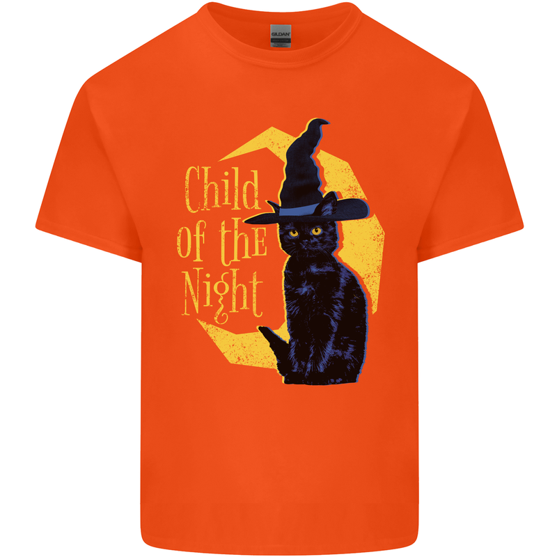Child of the Night Halloween Black Cat Witch Mens Cotton T-Shirt Tee Top Orange