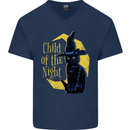 Child of the Night Halloween Black Cat Witch Mens V-Neck Cotton T-Shirt Navy Blue