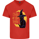 Child of the Night Halloween Black Cat Witch Mens V-Neck Cotton T-Shirt Red