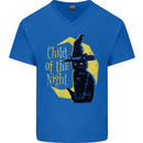 Child of the Night Halloween Black Cat Witch Mens V-Neck Cotton T-Shirt Royal Blue