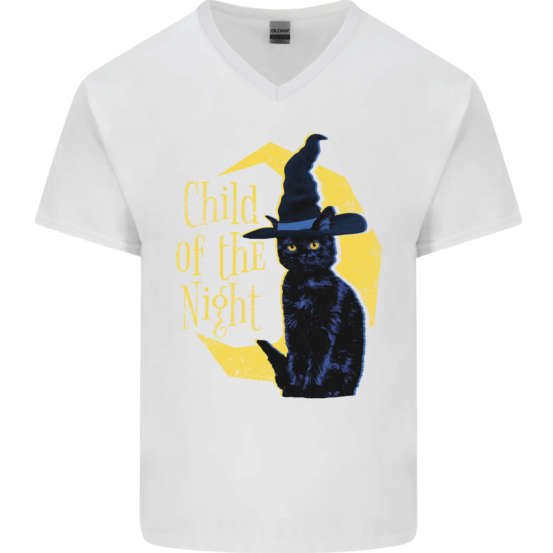 Child of the Night Halloween Black Cat Witch Mens V-Neck Cotton T-Shirt White