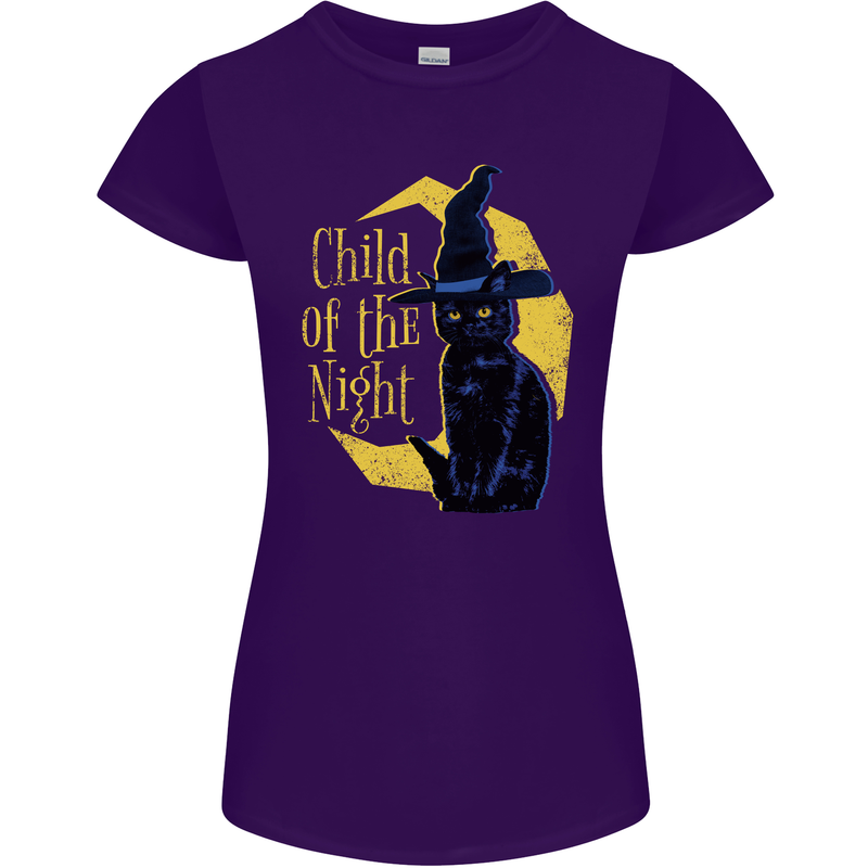 Child of the Night Halloween Black Cat Witch Womens Petite Cut T-Shirt Purple