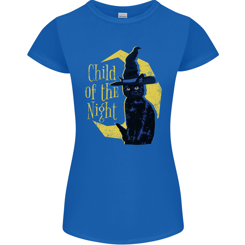 Child of the Night Halloween Black Cat Witch Womens Petite Cut T-Shirt Royal Blue