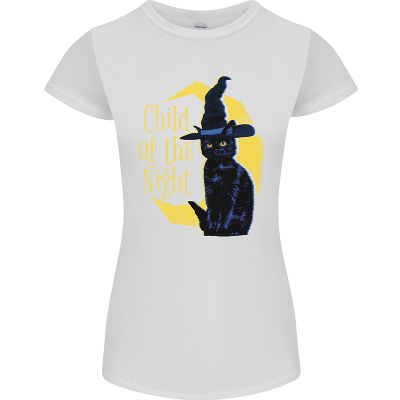 Child of the Night Halloween Black Cat Witch Womens Petite Cut T-Shirt White