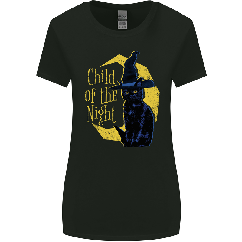 Child of the Night Halloween Black Cat Witch Womens Wider Cut T-Shirt Black