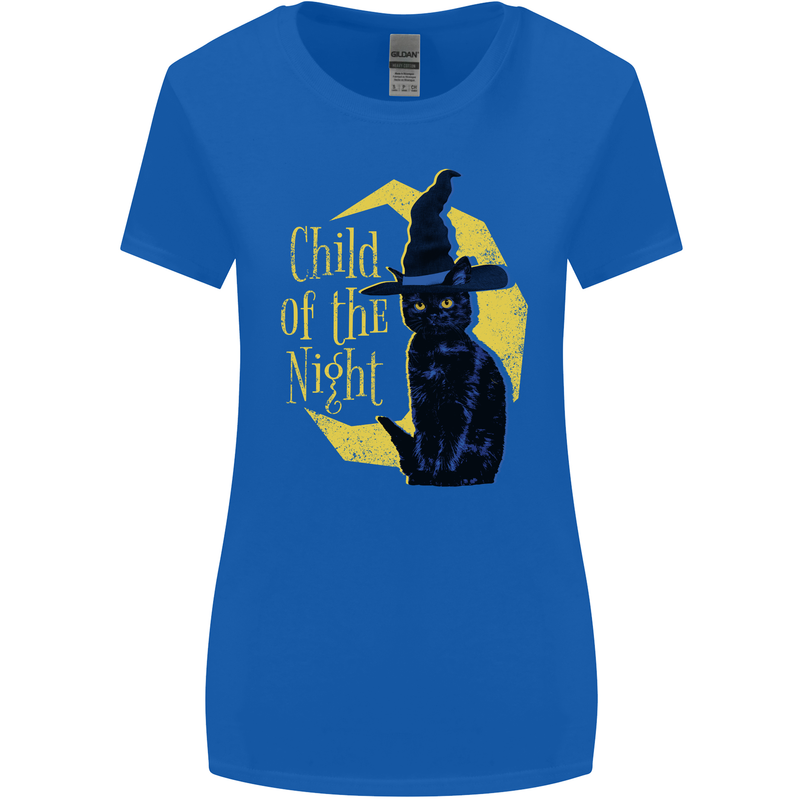 Child of the Night Halloween Black Cat Witch Womens Wider Cut T-Shirt Royal Blue