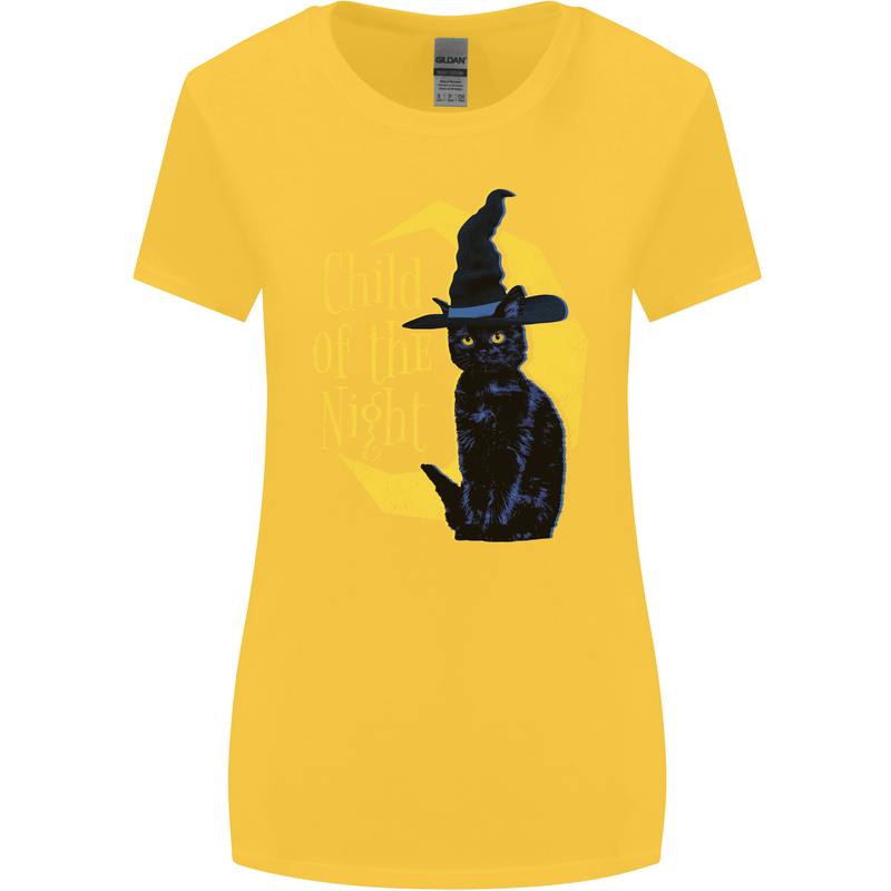 Child of the Night Halloween Black Cat Witch Womens Wider Cut T-Shirt Yellow