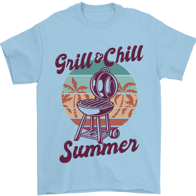Chill & Grill Funny Summer BBQ Braai Mens T-Shirt 100% Cotton Light Blue