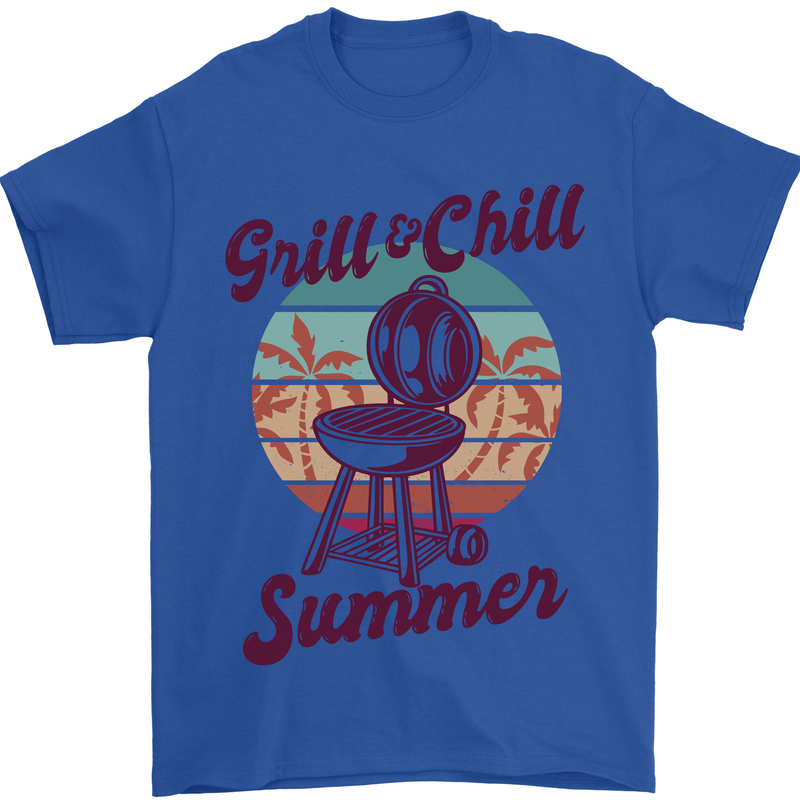 Chill & Grill Funny Summer BBQ Braai Mens T-Shirt 100% Cotton Royal Blue