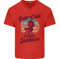 Chill & Grill Funny Summer BBQ Braai Mens V-Neck Cotton T-Shirt Red