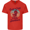 Chill & Grill Funny Summer BBQ Braai Mens V-Neck Cotton T-Shirt Red