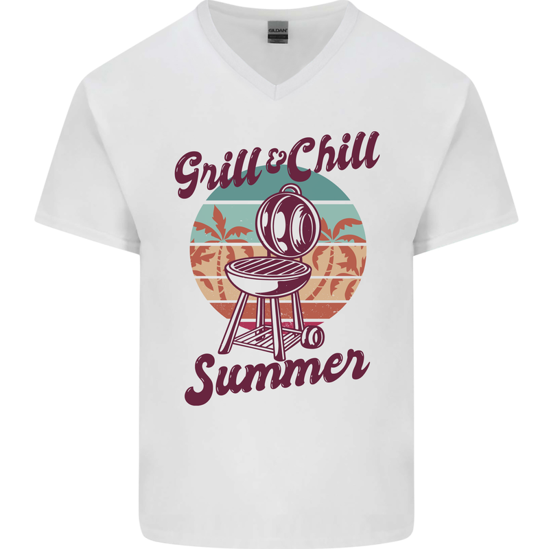 Chill & Grill Funny Summer BBQ Braai Mens V-Neck Cotton T-Shirt White