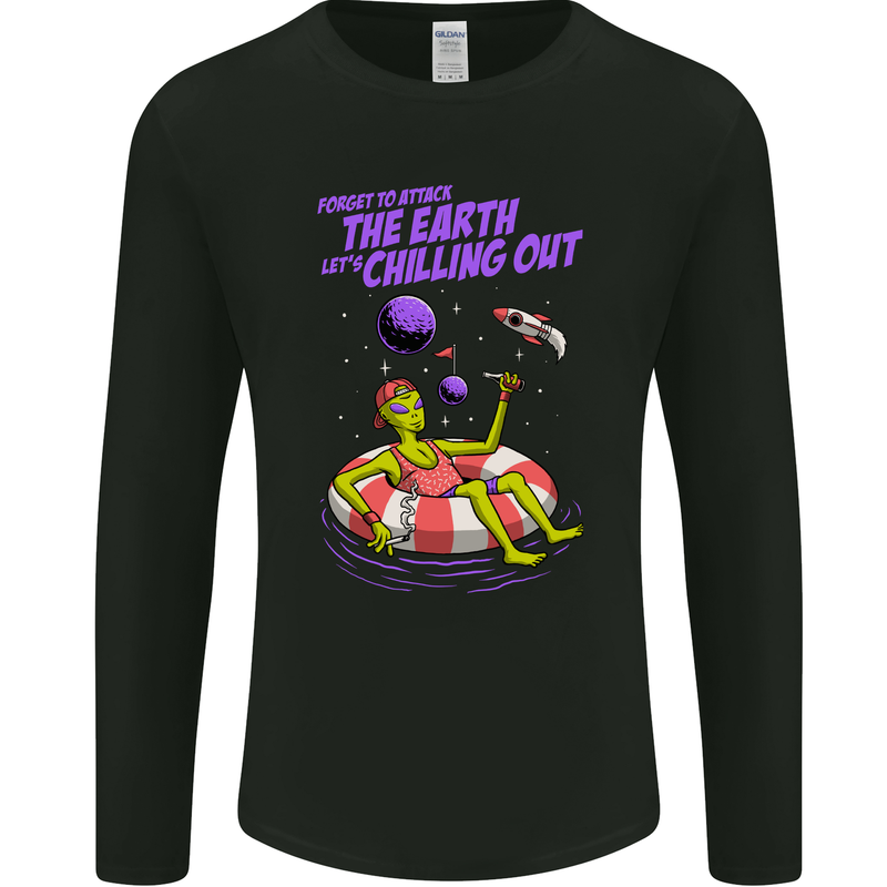 Chilled Out Alien With a Beer and Weed Funny Mens Long Sleeve T-Shirt Black