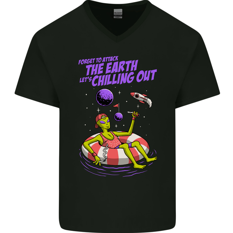Chilled Out Alien With a Beer and Weed Funny Mens V-Neck Cotton T-Shirt Black
