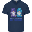 Chilling With My Gnomie Funny Gnomes Mens V-Neck Cotton T-Shirt Navy Blue