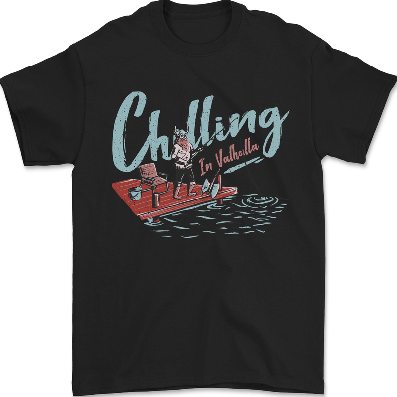Chilling in Valhalla Funny Viking Fishing Fisherman Mens T-Shirt 100% Cotton Black