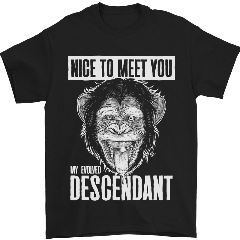 a black t - shirt with an image of a monkey saying nice to meet you
