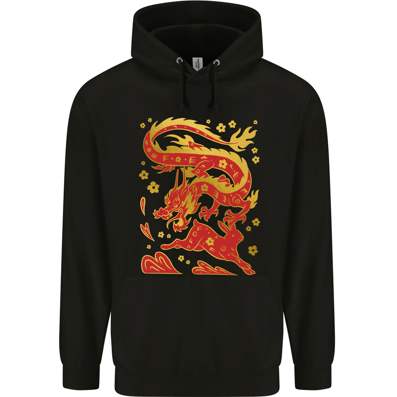 Chinese New Year Dragon vs Rabbit Mens 80% Cotton Hoodie Black
