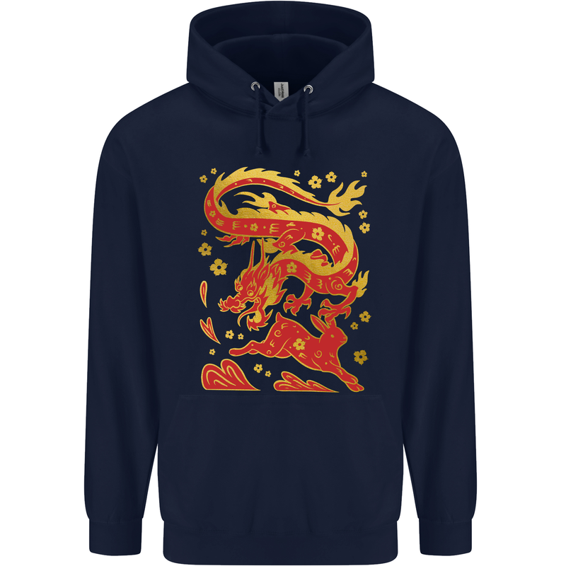 Chinese New Year Dragon vs Rabbit Mens 80% Cotton Hoodie Navy Blue
